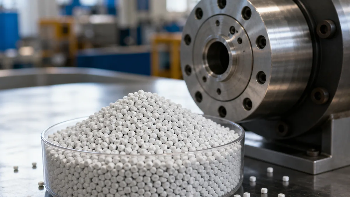 filler masterbatch pellets in a bowl next to a plastic extrusion die on a factory workbench, natural light, editorial style