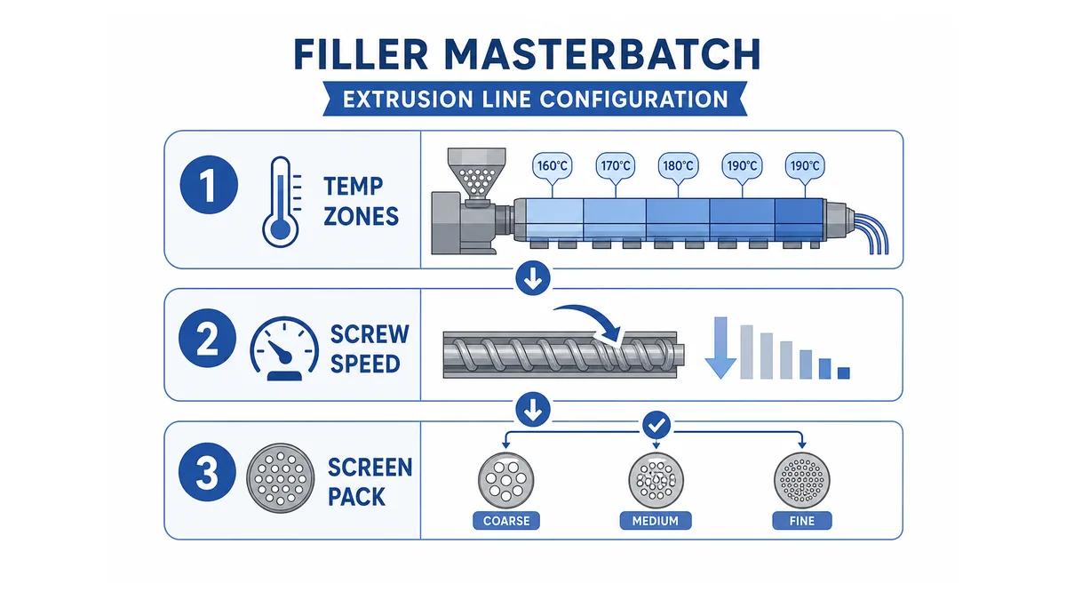 step-by-step extrusion line configuration for filler masterbatch — temperature zone adjustments, screw speed reduction, and screen pack selection decision flow