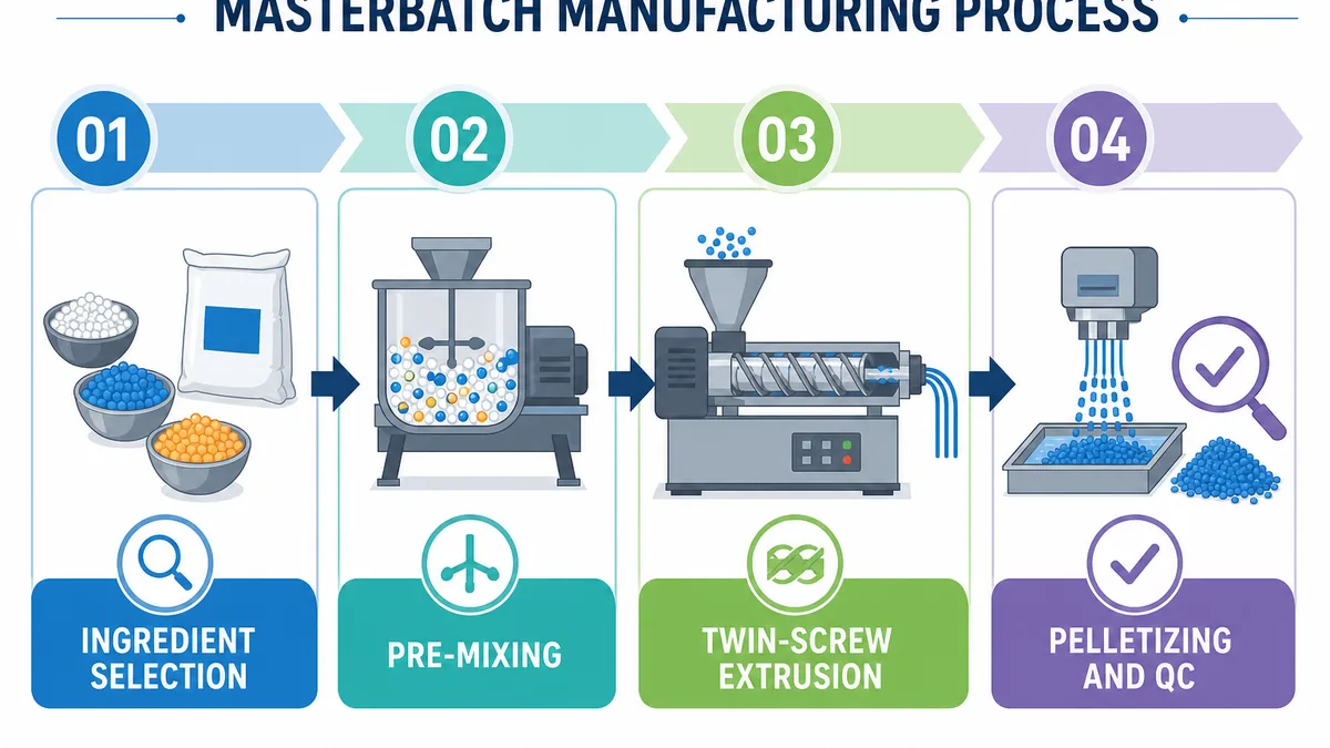 4-step masterbatch manufacturing process flow — ingredient selection, pre-mixing, twin-screw extrusion, pelletizing and QC — with arrows and labeled substeps