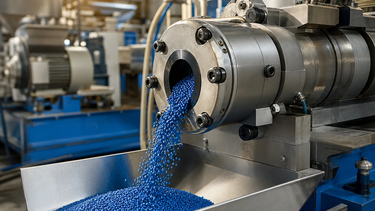 high-speed twin-screw extruder producing colored masterbatch pellets in a factory setting, warm industrial lighting, editorial style