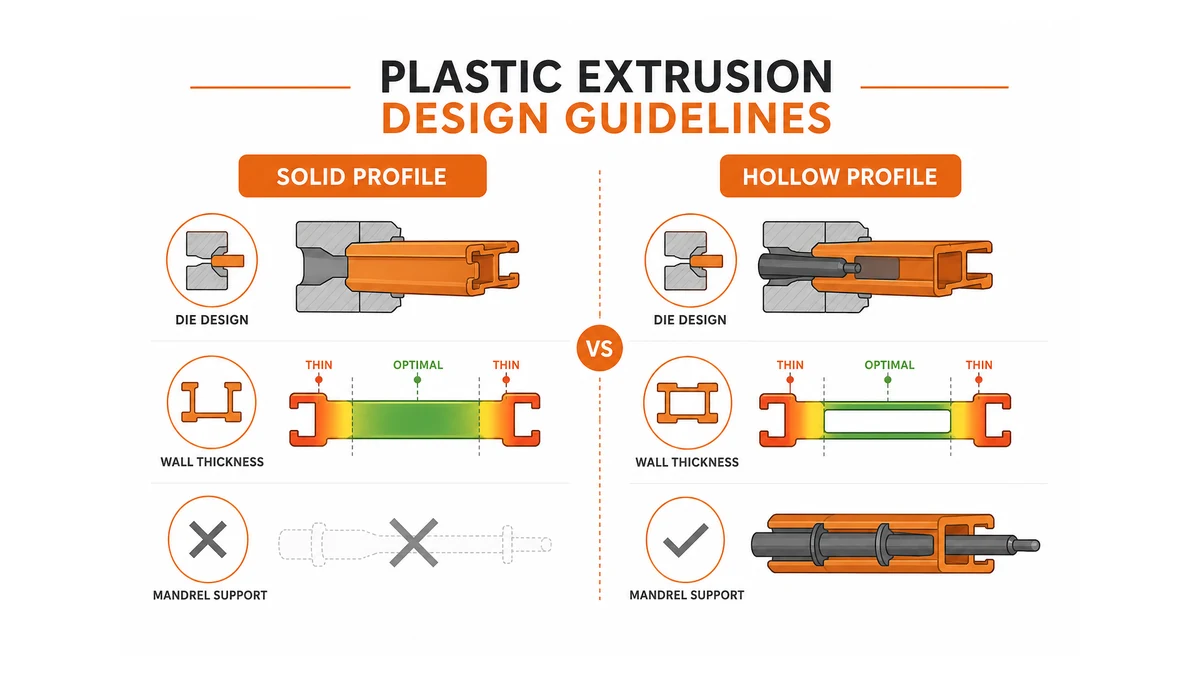 cross-section comparison of solid plastic extrusion profiles vs hollow profiles showing die design, wall thickness zones, and mandrel support requirement