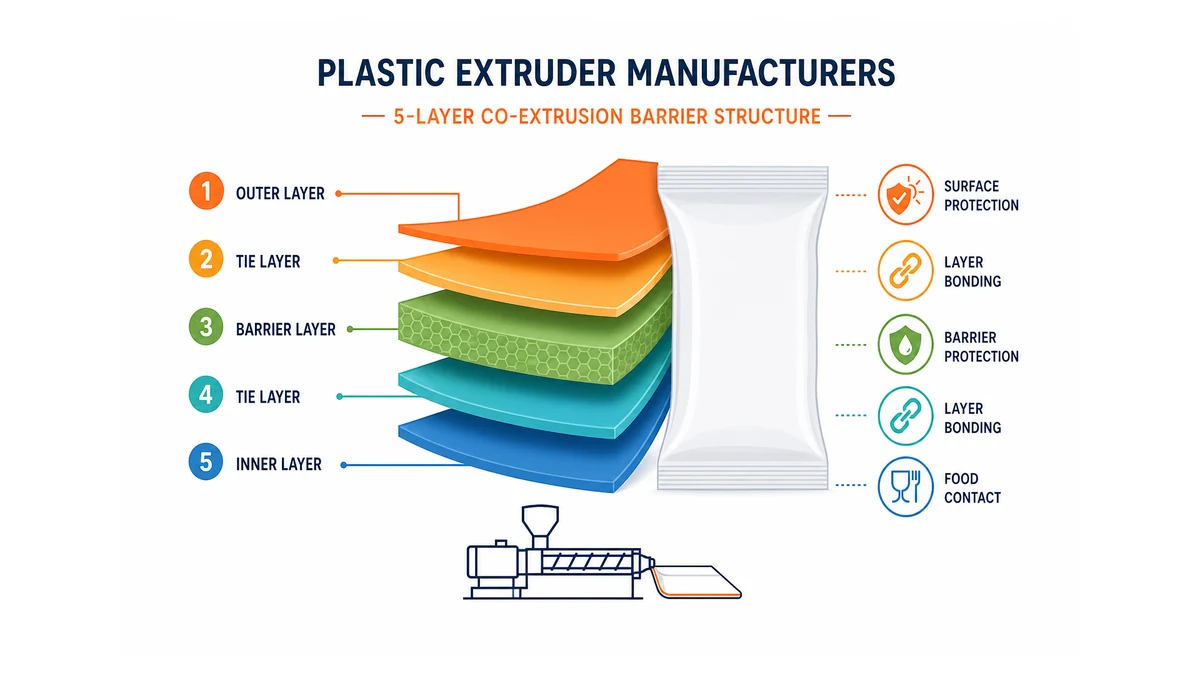 cross-section diagram of a 5-layer co-extrusion barrier plastic structure showing each resin layer and its functional role