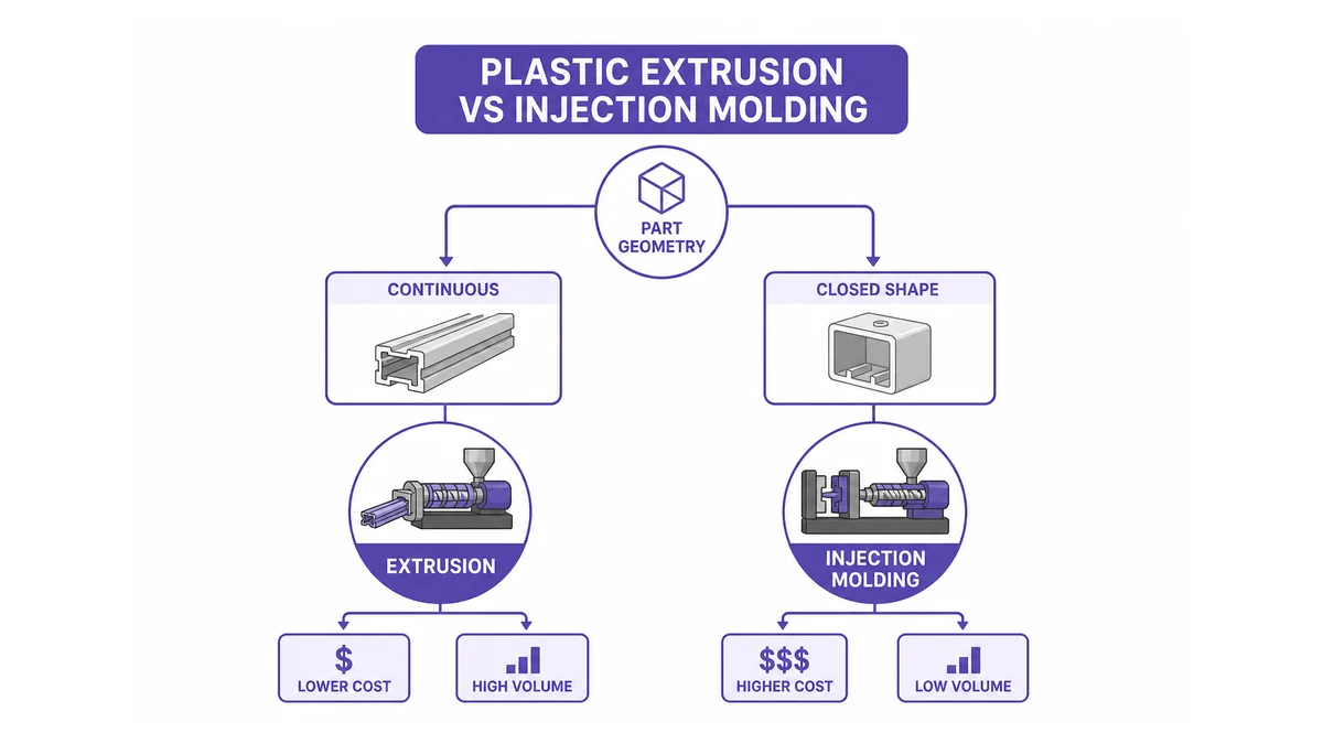 decision flow comparing extrusion vs injection molding based on part geometry — continuous profile leads to extrusion, closed 3D shape leads to injection molding, with cost and volume branches