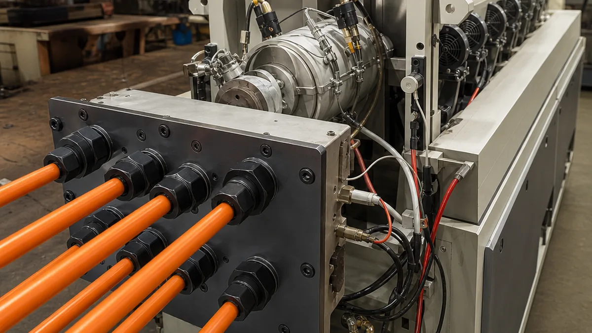 editorial overhead view of a plastic extruder machine running continuous pipe profiles in an industrial facility, warm factory lighting, clean and technical