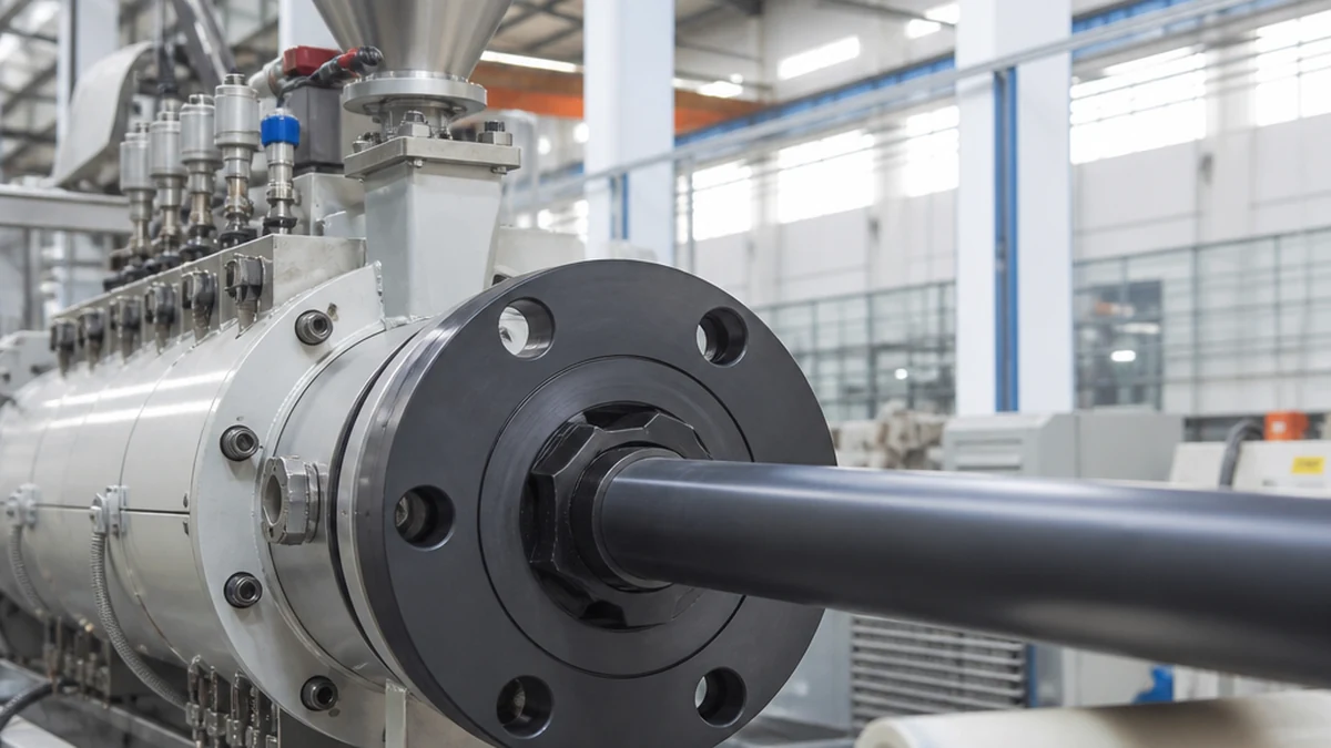 industrial plastic extruder machine producing continuous plastic pipe profiles in a manufacturing facility, editorial quality, clean facility lighting