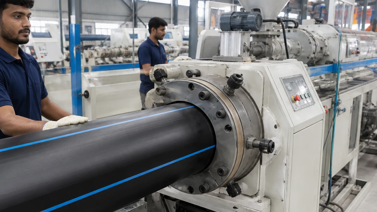 plastic extruder machine production floor in an industrial manufacturing facility, operators monitoring HDPE pipe extrusion line, editorial documentary style