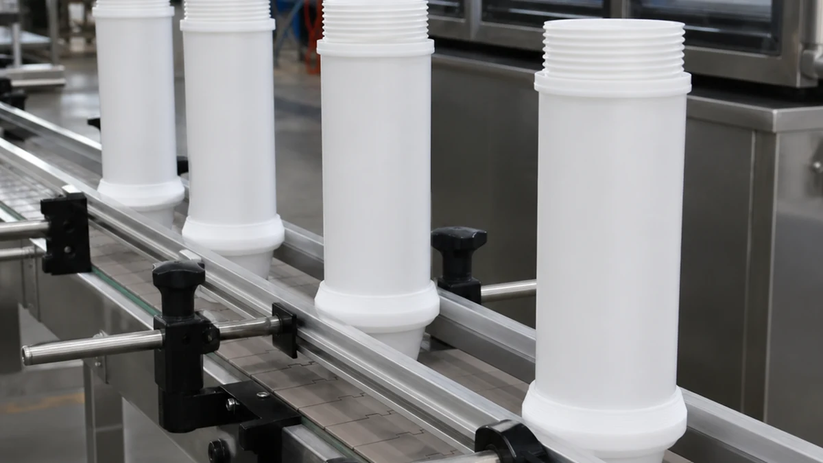 rigid plastic extrusion tubes and containers arranged on an industrial packaging line, natural factory lighting, editorial style
